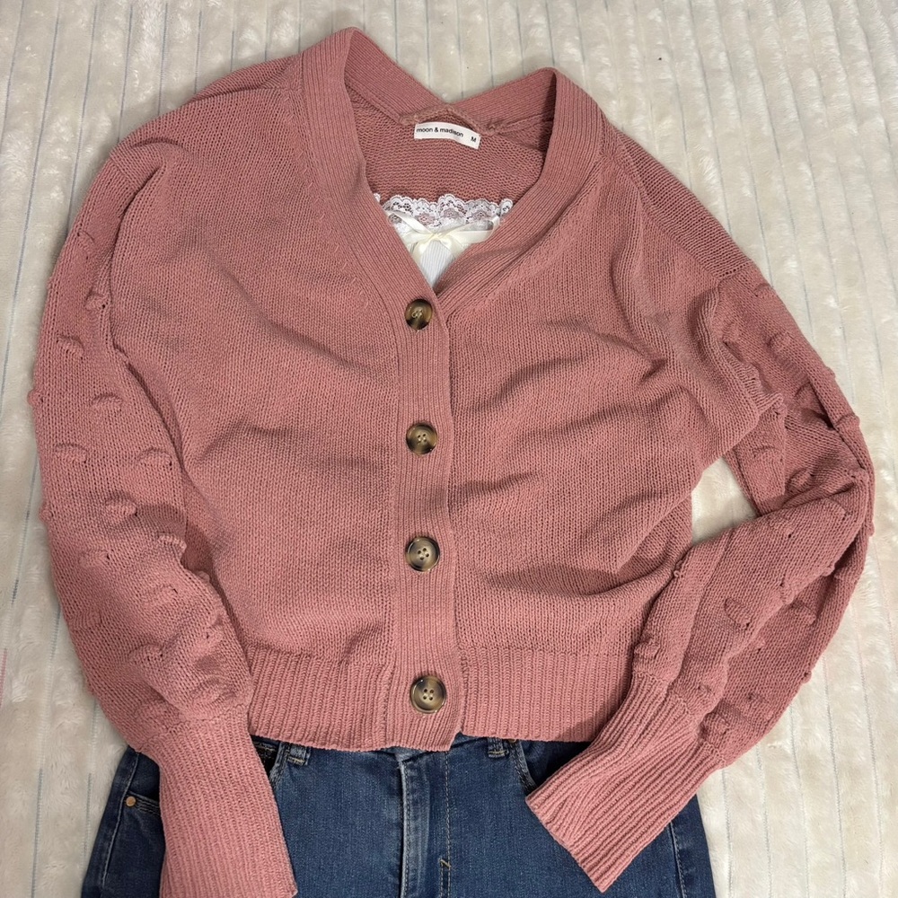 Moon & Madison Pink Cardigan Sweater with Ribbed Trim